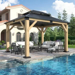 12 ft. W x 10 ft. D Outdoor Cedar Wood Gazebo with Galvanized Steel Double Roof