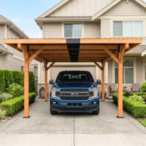 18.3 x 12.6 x 7.8 FT Heavy Duty Wooden Carport - Steel Slanted Hardtop Roof Gazebo