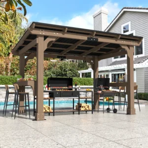 8 x 10 ft Solid Wood Grill Gazebo, Carport Gazebo with Hardtop Steel Roof